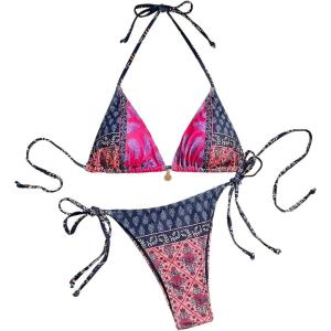 imageMakeMeChic Womens Printed 2 Piece Swimsuit Halter Triangle Bikini Set Tie Side Thong Bathing SuitMulticolor