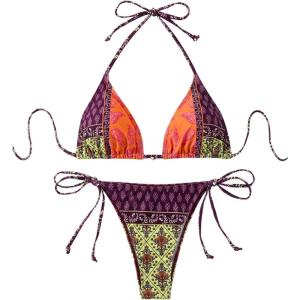 imageMakeMeChic Womens Printed 2 Piece Swimsuit Halter Triangle Bikini Set Tie Side Thong Bathing SuitPaisley Multi