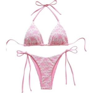 imageMakeMeChic Womens Printed 2 Piece Swimsuit Halter Triangle Bikini Set Tie Side Thong Bathing SuitPink