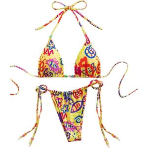 imageMakeMeChic Womens Printed 2 Piece Swimsuit Halter Triangle Bikini Set Tie Side Thong Bathing SuitYellow