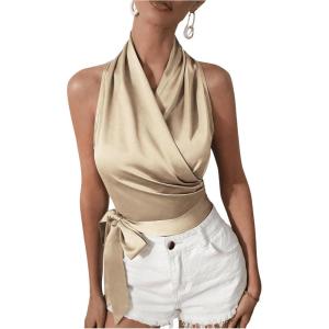 imageMakeMeChic Womens Satin Blouse Wrap V Neck Sleeveless Tie Side Summer Elegant Crop TopsChampagne