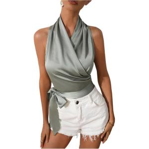 imageMakeMeChic Womens Satin Blouse Wrap V Neck Sleeveless Tie Side Summer Elegant Crop TopsMint Green