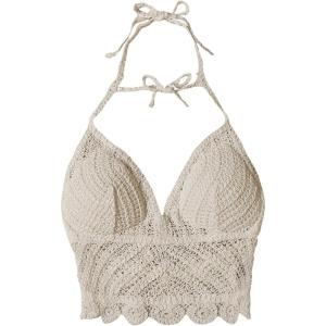 imageMakeMeChic Womens Solid Tie Back Crochet Halter Bikini Top Summer Beach Knit Bralette Crop TopsBeige
