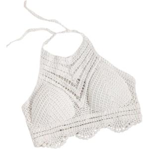 imageMakeMeChic Womens Solid Tie Back Crochet Halter Bikini Top Summer Beach Knit Bralette Crop TopsWhite