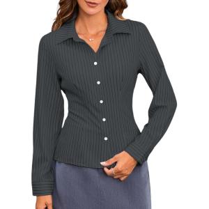 imageMakeMeChic Womens Striped Button Down Shirts Collared Long Sleeve Blouse Y2K TopsBlack