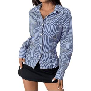 imageMakeMeChic Womens Striped Button Down Shirts Collared Long Sleeve Blouse Y2K TopsBlue C