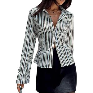 imageMakeMeChic Womens Striped Button Down Shirts Collared Long Sleeve Blouse Y2K TopsBlue and Brown