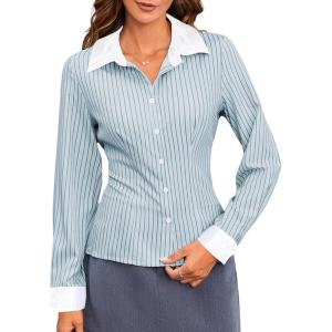 imageMakeMeChic Womens Striped Button Down Shirts Collared Long Sleeve Blouse Y2K TopsBlue and White