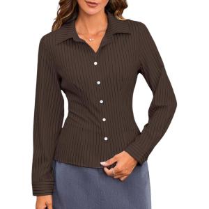imageMakeMeChic Womens Striped Button Down Shirts Collared Long Sleeve Blouse Y2K TopsCoffee Brown