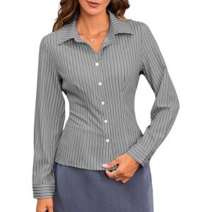 imageMakeMeChic Womens Striped Button Down Shirts Collared Long Sleeve Blouse Y2K TopsGrey