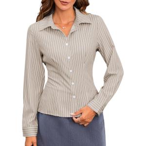 imageMakeMeChic Womens Striped Button Down Shirts Collared Long Sleeve Blouse Y2K TopsKhaki
