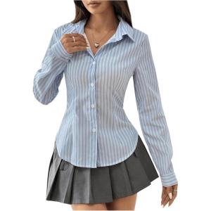 imageMakeMeChic Womens Striped Button Down Shirts Collared Long Sleeve Blouse Y2K TopsLight Blue