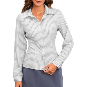 imageMakeMeChic Womens Striped Button Down Shirts Collared Long Sleeve Blouse Y2K TopsLight Grey