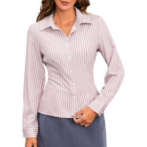 imageMakeMeChic Womens Striped Button Down Shirts Collared Long Sleeve Blouse Y2K TopsRed
