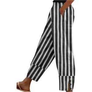 imageMakeMeChic Womens Striped Elastic Waist Button Pocket Loose Capris Trousers PantsBlack and White