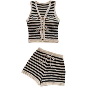 imageMakeMeChic Womens Striped Shorts Set Two Piece Outfits Knit Crochet Tank Top Matching SetBlack