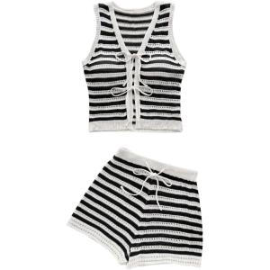 imageMakeMeChic Womens Striped Shorts Set Two Piece Outfits Knit Crochet Tank Top Matching SetBlack White