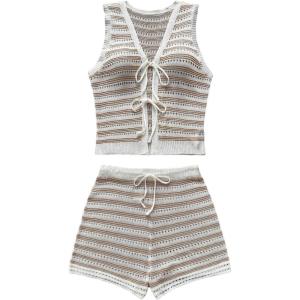 imageMakeMeChic Womens Striped Shorts Set Two Piece Outfits Knit Crochet Tank Top Matching SetKhaki White