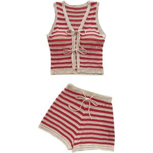 imageMakeMeChic Womens Striped Shorts Set Two Piece Outfits Knit Crochet Tank Top Matching SetRed White