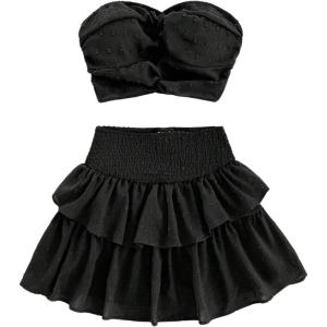 imageMakeMeChic Womens Summer 2 Piece Outfits Twist Front Tube Top and Shirred Ruffle Tiered Mini Skirt SetBlack
