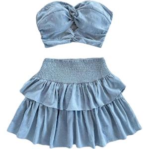imageMakeMeChic Womens Summer 2 Piece Outfits Twist Front Tube Top and Shirred Ruffle Tiered Mini Skirt SetBlue