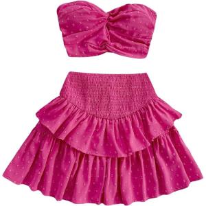 imageMakeMeChic Womens Summer 2 Piece Outfits Twist Front Tube Top and Shirred Ruffle Tiered Mini Skirt SetHot Pink