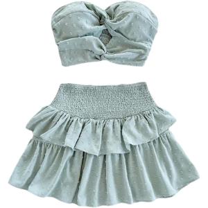 imageMakeMeChic Womens Summer 2 Piece Outfits Twist Front Tube Top and Shirred Ruffle Tiered Mini Skirt SetMint Green