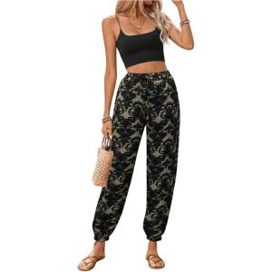 imageMakeMeChic Womens Summer Beach Tropical Printed Pants Hawaiian Palazzo Jogger Pant High Waist TrousersBlack