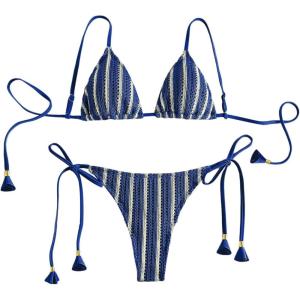 imageMakeMeChic Womens Triangle Thong Bikini Sets High Cut Swimsuit Bathing Suit SwimwearDark Blue