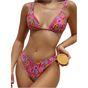 imageMakeMeChic Womens Triangle Thong Bikini Sets High Cut Swimsuit Bathing Suit SwimwearHot Pink Floral