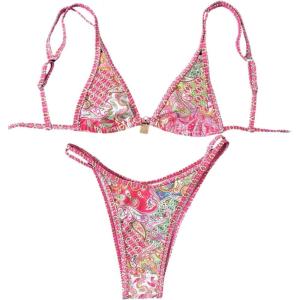 imageMakeMeChic Womens Triangle Thong Bikini Sets High Cut Swimsuit Bathing Suit SwimwearHot Pink Multicolor