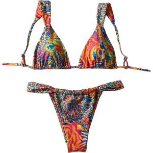 imageMakeMeChic Womens Triangle Thong Bikini Sets High Cut Swimsuit Bathing Suit SwimwearOrange Multicolor