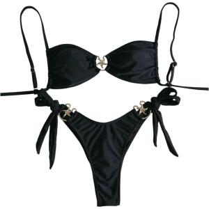 imageMakeMeChic Womens Two Piece Bikini Set Tie Side Ring Backless High Cut Bathing Suit SwimwearBlack