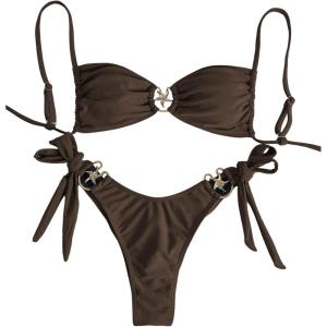imageMakeMeChic Womens Two Piece Bikini Set Tie Side Ring Backless High Cut Bathing Suit SwimwearBrown