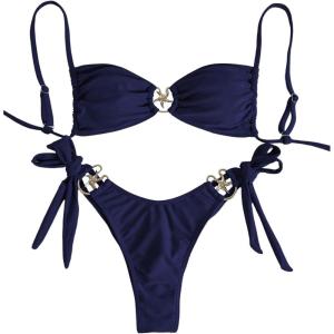 imageMakeMeChic Womens Two Piece Bikini Set Tie Side Ring Backless High Cut Bathing Suit SwimwearDark Blue