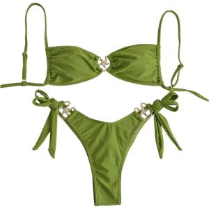 imageMakeMeChic Womens Two Piece Bikini Set Tie Side Ring Backless High Cut Bathing Suit SwimwearGreen