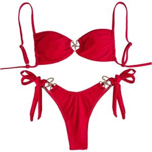 imageMakeMeChic Womens Two Piece Bikini Set Tie Side Ring Backless High Cut Bathing Suit SwimwearRed