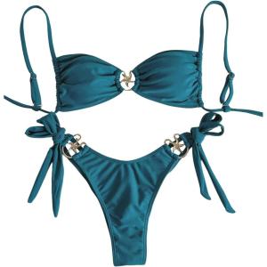 imageMakeMeChic Womens Two Piece Bikini Set Tie Side Ring Backless High Cut Bathing Suit SwimwearTeal Blue