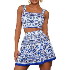 imageMakeMeChic Womens Two Piece Outfit Floral Sleeveless Shirred Tank Crop Top and Skirt SetBlue and White