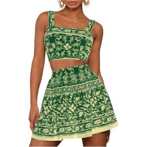 imageMakeMeChic Womens Two Piece Outfit Floral Sleeveless Shirred Tank Crop Top and Skirt SetGreen