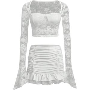 imageMakeMeChic Womens Two Piece Outfits Floral Lace Bell Sleeve Crop Top and Ruched Ruffle Tiered Mini Skirt SetWhite
