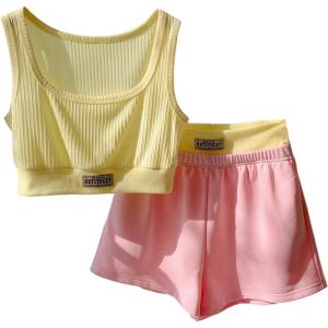imageMakeMeChic Womens Two Piece Outfits Scoop Neck Patched Crop Tops Colorblock Track Shorts SetYellow Pink