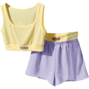 imageMakeMeChic Womens Two Piece Outfits Scoop Neck Patched Crop Tops Colorblock Track Shorts SetYellow Purple