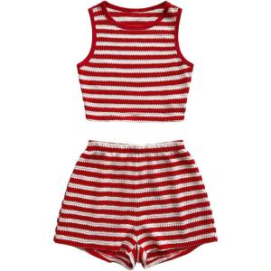 imageMakeMeChic Womens Two Piece Outfits Striped Crew Neck Tank Crop Tops and Shorts SetRed and White