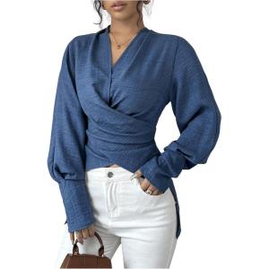 imageMakeMeChic Womens V Neck Wrap Long Sleeve Blouse Shirt Top Asymmetrical High Low BlousesBlue