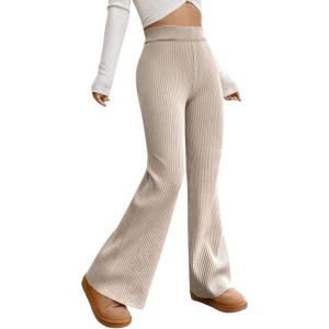 imageMakeMeChic Womens Wide Leg Pants Ribbed Knit High Waist Casual Lounge PantsApricot