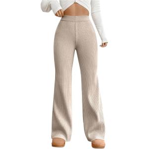imageMakeMeChic Womens Wide Leg Pants Ribbed Knit High Waist Casual Lounge PantsApricot a