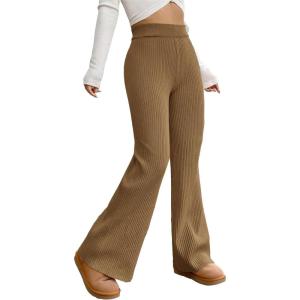 imageMakeMeChic Womens Wide Leg Pants Ribbed Knit High Waist Casual Lounge PantsBrown