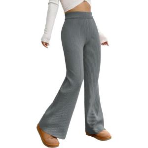 imageMakeMeChic Womens Wide Leg Pants Ribbed Knit High Waist Casual Lounge PantsDark Grey