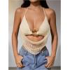 imageMakeMeChic Womens Crochet Halter Top Tie Open Back Metal Ring Draped Front Y2k Rave Festival TopsBeige